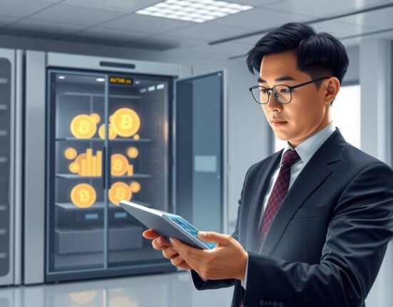 South Korean financial official reviewing crypto custody security and regulatory data in a government setting.