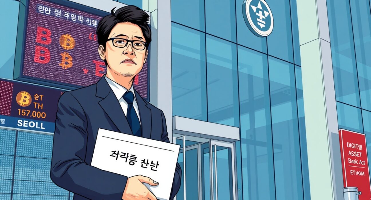 South Korean financial official with Digital Asset Basic Act document outside regulatory building, representing new crypto exchange ownership limits.