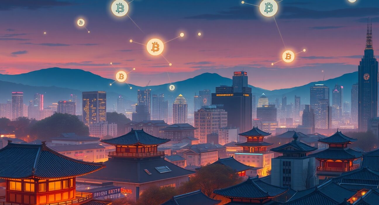 South Korean crypto exchange ownership cap debate in Seoul financial district with blockchain visualization