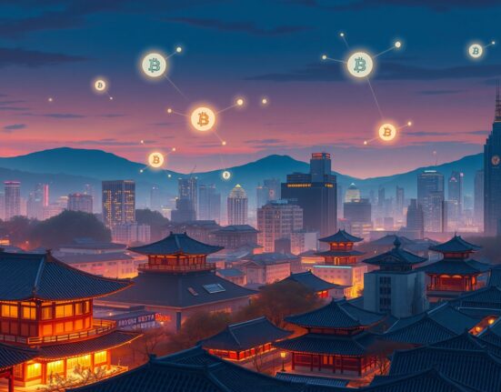 South Korean crypto exchange ownership cap debate in Seoul financial district with blockchain visualization