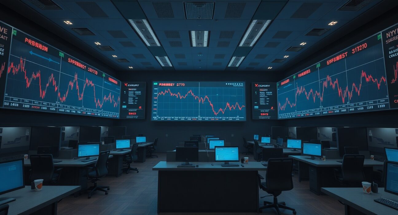 Empty cryptocurrency trading floor in Seoul with red declining charts on large screens