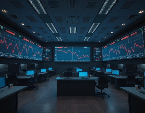 Empty cryptocurrency trading floor in Seoul with red declining charts on large screens