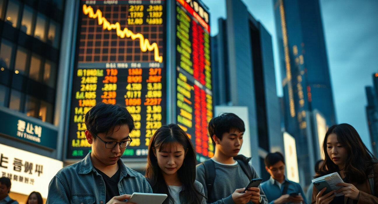 South Korean investors watching a cryptocurrency exchange board with declining charts, reflecting altcoin delisting concerns.