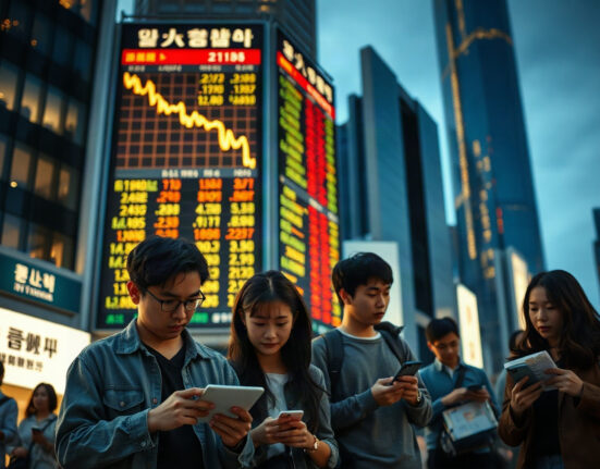 South Korean investors watching a cryptocurrency exchange board with declining charts, reflecting altcoin delisting concerns.