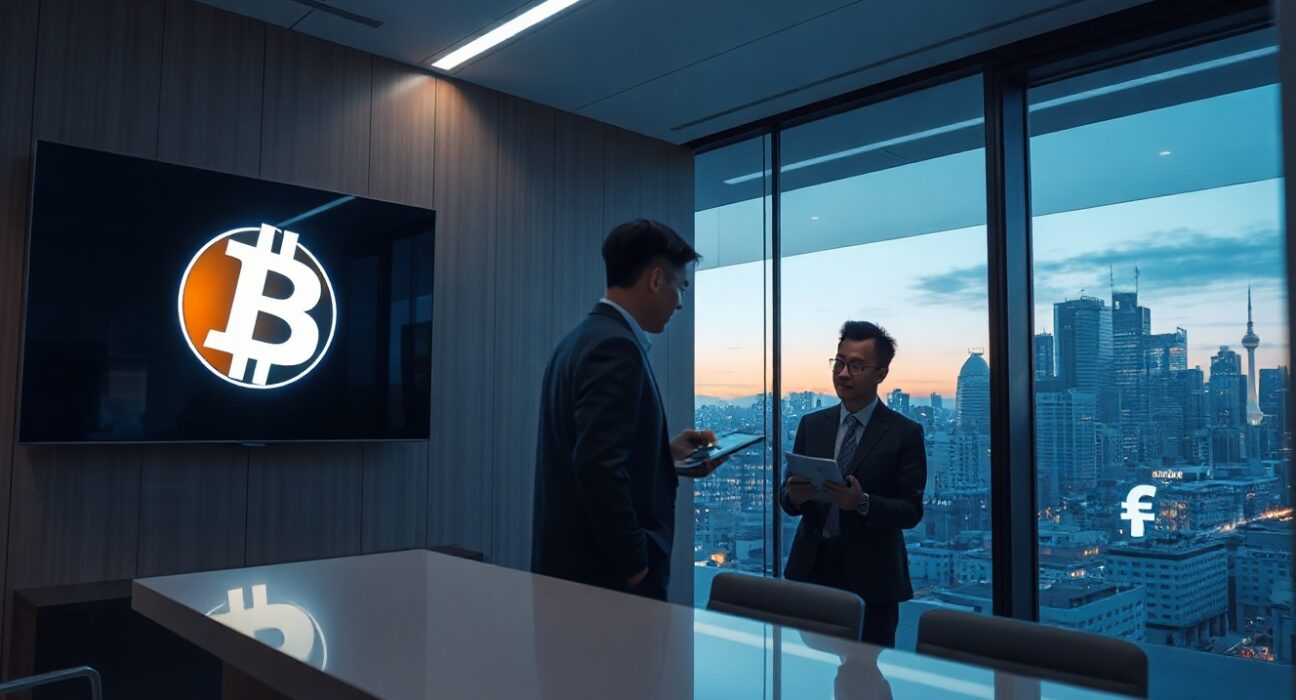 South Korean financial regulators and crypto exchange officials in a modern office discussing AML compliance policies.