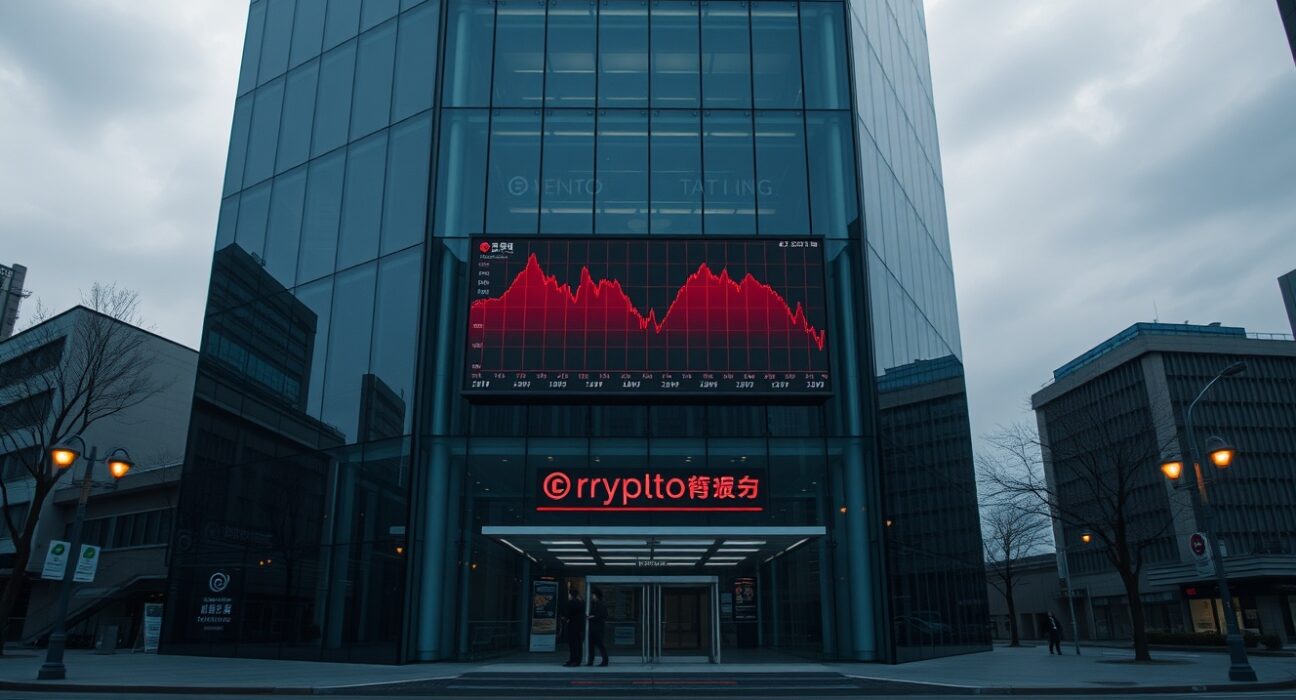 Exterior of a South Korean cryptocurrency exchange office building in Seoul with a downward-trending digital price chart