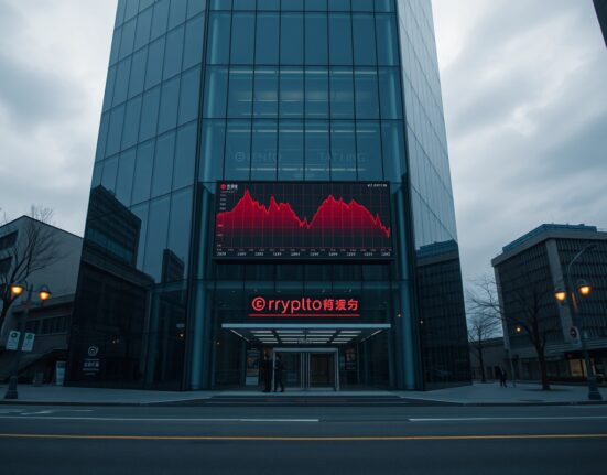 Exterior of a South Korean cryptocurrency exchange office building in Seoul with a downward-trending digital price chart