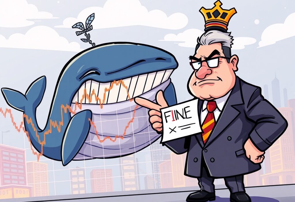 A cartoon illustrating a large crypto whale being reined in by regulators, symbolizing the impact of South Korea crypto fines on market manipulation.