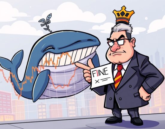 A cartoon illustrating a large crypto whale being reined in by regulators, symbolizing the impact of South Korea crypto fines on market manipulation.