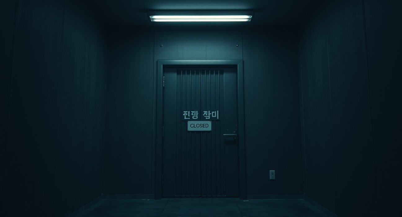 Locked door of a closed cryptocurrency exchange in Seoul, South Korea