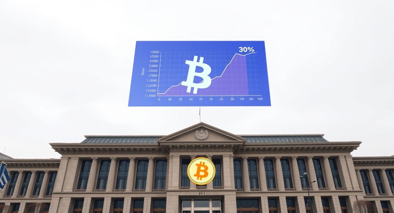 South Korean National Assembly building with digital overlay of Bitcoin and regulatory compliance graph, representing the crypto exchange forex rules bill.