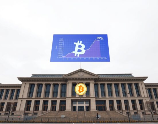 South Korean National Assembly building with digital overlay of Bitcoin and regulatory compliance graph, representing the crypto exchange forex rules bill.