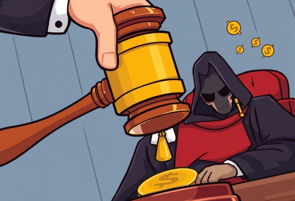 Cartoon of a gavel striking, symbolizing a severe sentence in a South Korean crypto fraud case, representing justice served.