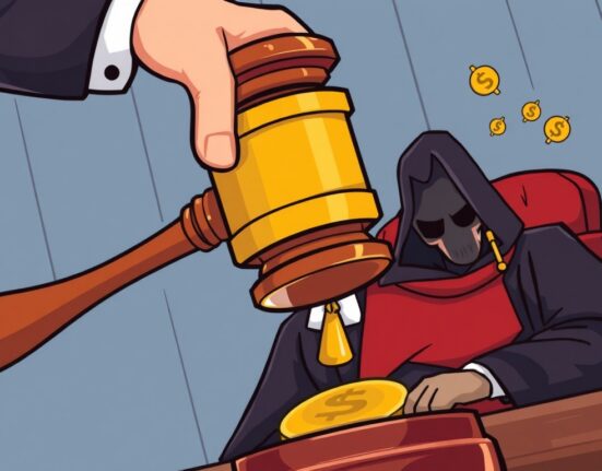 Cartoon of a gavel striking, symbolizing a severe sentence in a South Korean crypto fraud case, representing justice served.