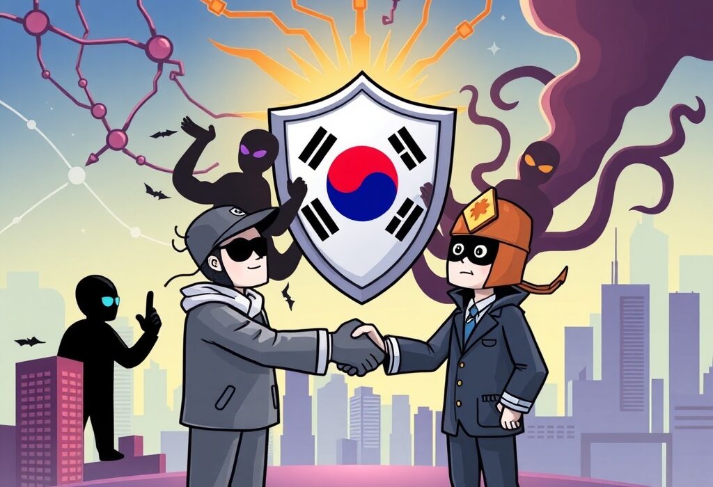 Cartoon depicting the Korea Customs Service and crypto exchanges collaborating to combat South Korea crypto illicit flows.