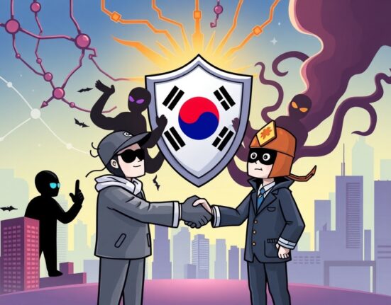 Cartoon depicting the Korea Customs Service and crypto exchanges collaborating to combat South Korea crypto illicit flows.