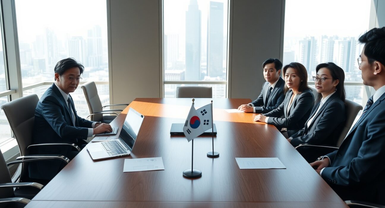 South Korean financial regulators and crypto industry representatives in a meeting room discussing proposed virtual asset reporting rules.