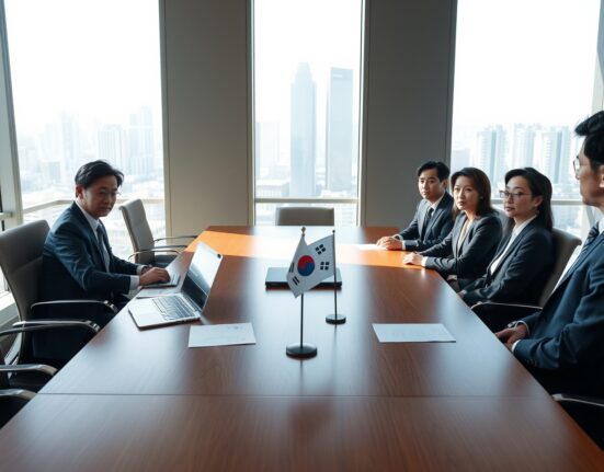 South Korean financial regulators and crypto industry representatives in a meeting room discussing proposed virtual asset reporting rules.