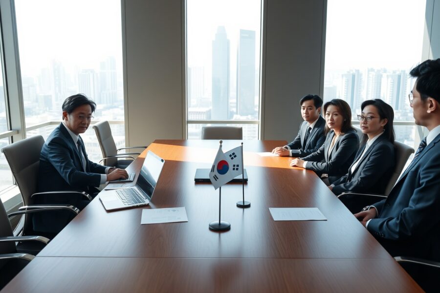 South Korean financial regulators and crypto industry representatives in a meeting room discussing proposed virtual asset reporting rules.