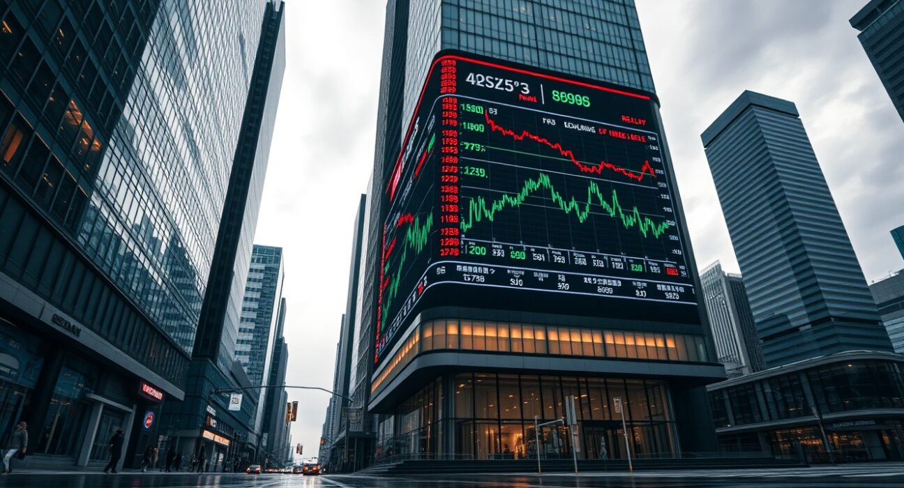 Seoul financial district with cryptocurrency price charts on a billboard, representing regulatory pressure on South Korea's crypto industry.