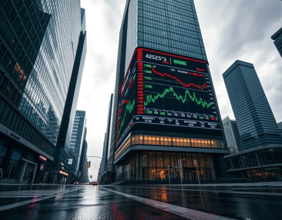 Seoul financial district with cryptocurrency price charts on a billboard, representing regulatory pressure on South Korea's crypto industry.