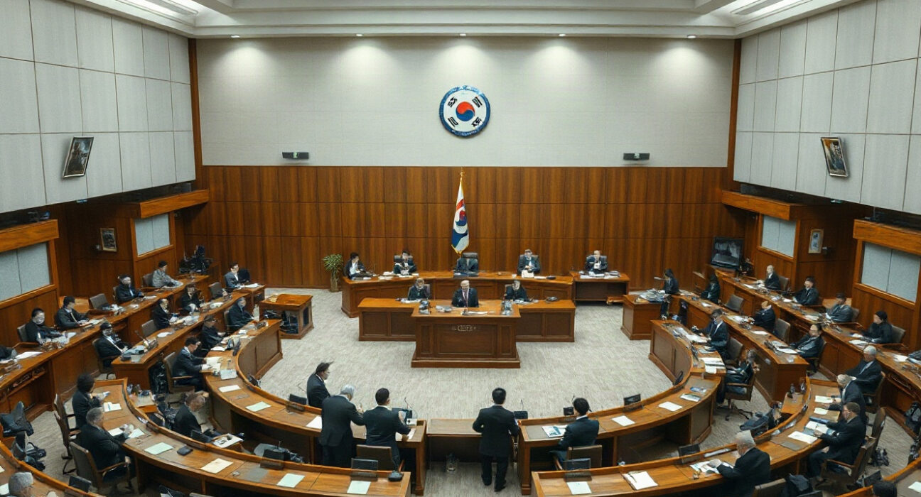 South Korean National Assembly committee meeting room with lawmakers reviewing documents.