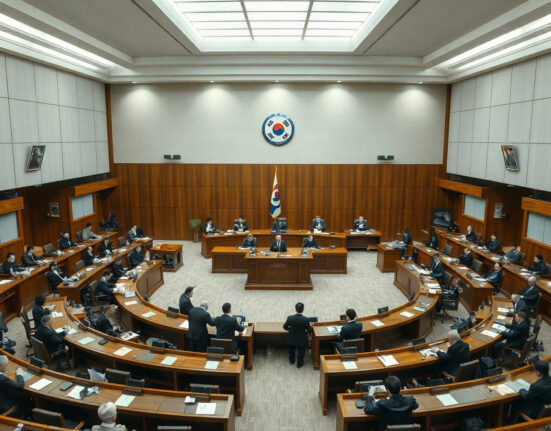 South Korean National Assembly committee meeting room with lawmakers reviewing documents.