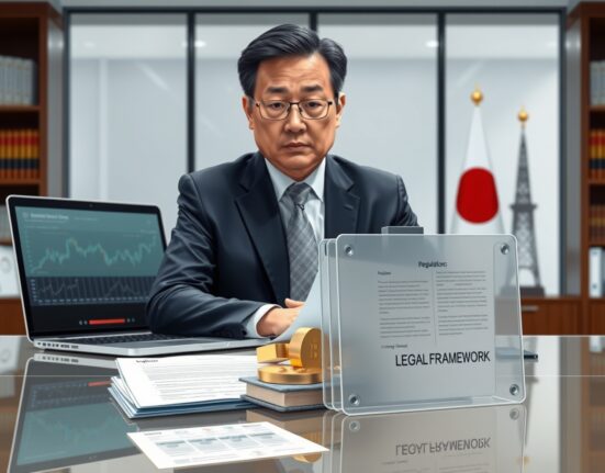 South Korean financial official reviewing cryptocurrency regulation documents to prevent insider trading