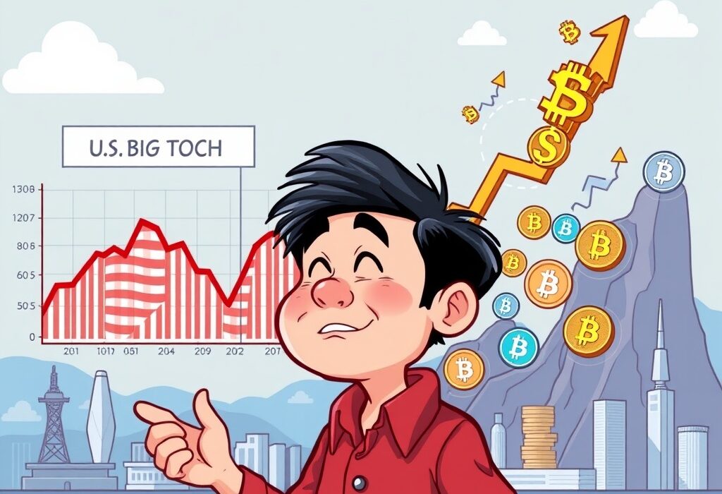 A vibrant cartoon illustration depicting a South Korean investor shifting focus from traditional big tech charts to surging South Korea crypto investment opportunities.