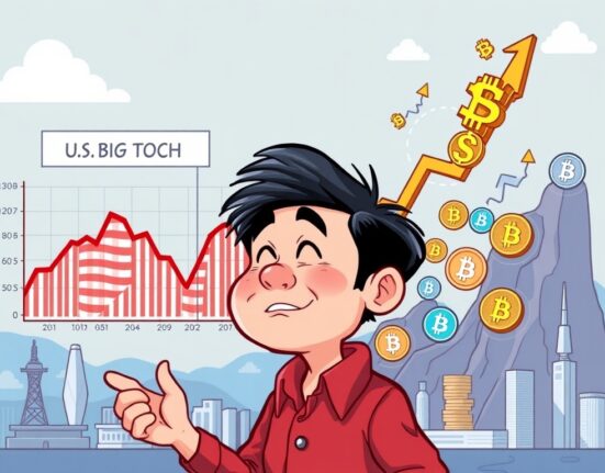 A vibrant cartoon illustration depicting a South Korean investor shifting focus from traditional big tech charts to surging South Korea crypto investment opportunities.