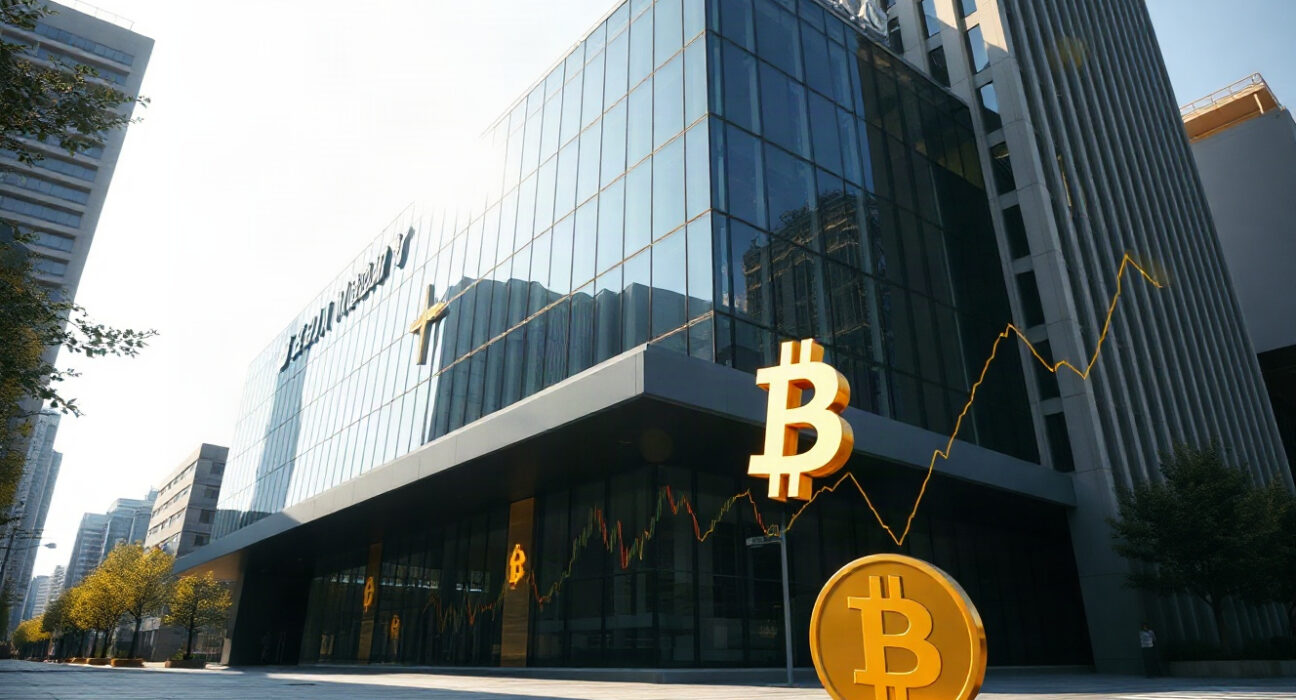 South Korea financial regulator building with digital crypto symbols overlay