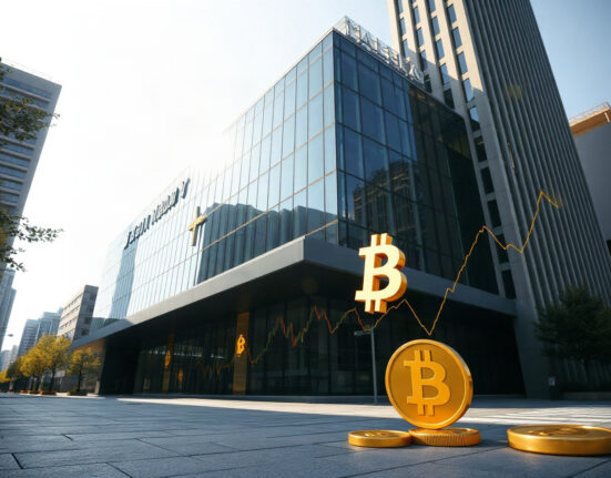 South Korea financial regulator building with digital crypto symbols overlay