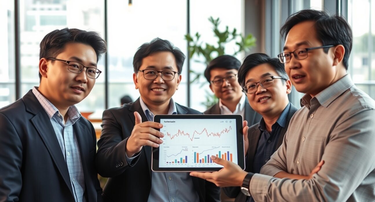 South Korean men in their 30s analyzing cryptocurrency market data in a modern setting.