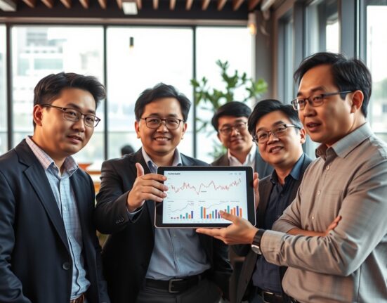 South Korean men in their 30s analyzing cryptocurrency market data in a modern setting.