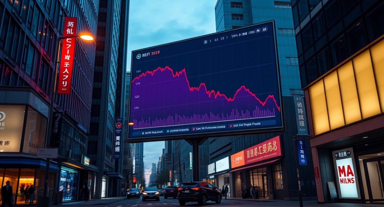South Korean financial district with a digital billboard showing a declining cryptocurrency chart at dusk
