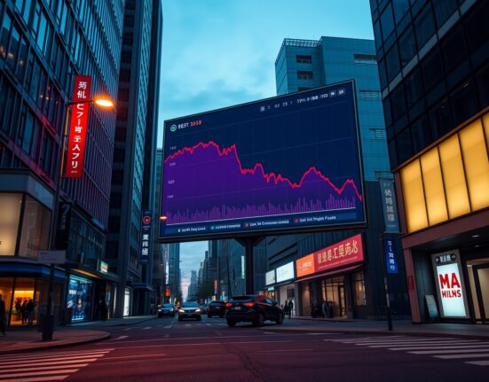 South Korean financial district with a digital billboard showing a declining cryptocurrency chart at dusk
