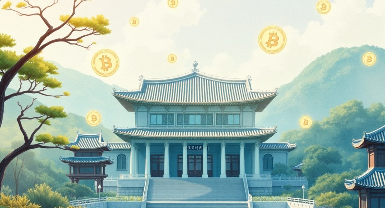 South Korean courthouse with digital tokens representing crypto law case and illicit gains calculation