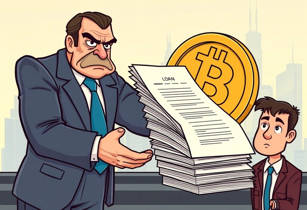 An illustration showing a regulatory figure preventing new crypto lending products, symbolizing the South Korea crypto lending ban.