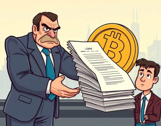 An illustration showing a regulatory figure preventing new crypto lending products, symbolizing the South Korea crypto lending ban.