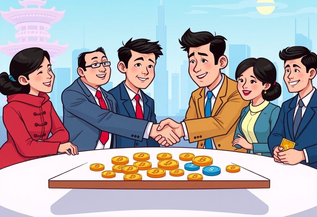 Cartoon illustration of South Korean officials and crypto experts collaborating on new South Korea crypto lending regulations, symbolizing industry clarity and cooperation.