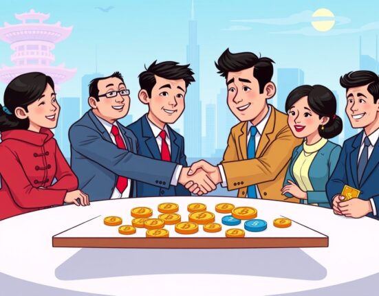 Cartoon illustration of South Korean officials and crypto experts collaborating on new South Korea crypto lending regulations, symbolizing industry clarity and cooperation.