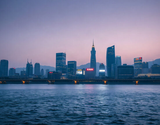 Seoul financial district skyline at dusk with Han River, symbolizing South Korea's institutional crypto shift.
