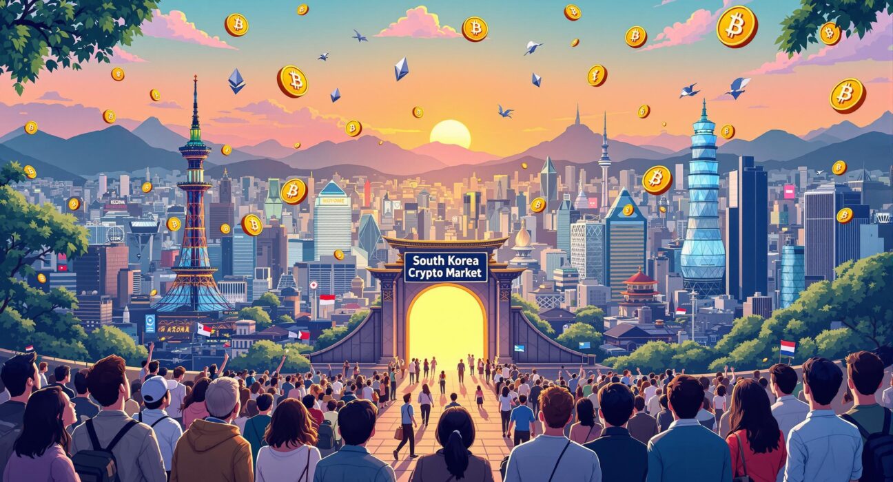 Cartoon illustration showing the South Korea crypto market opening to foreign investors, symbolizing growth and new opportunities for digital asset participation.