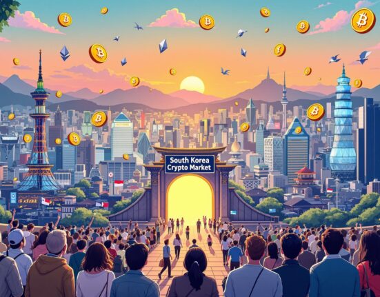 Cartoon illustration showing the South Korea crypto market opening to foreign investors, symbolizing growth and new opportunities for digital asset participation.