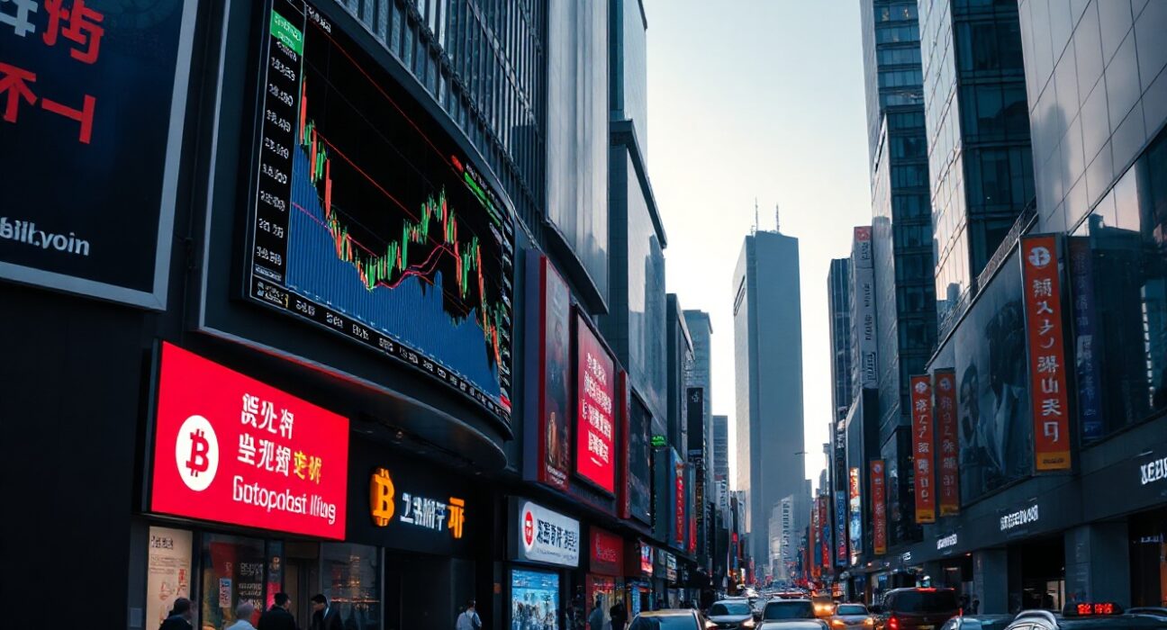 Seoul financial district with digital billboards showing cryptocurrency price charts at dusk
