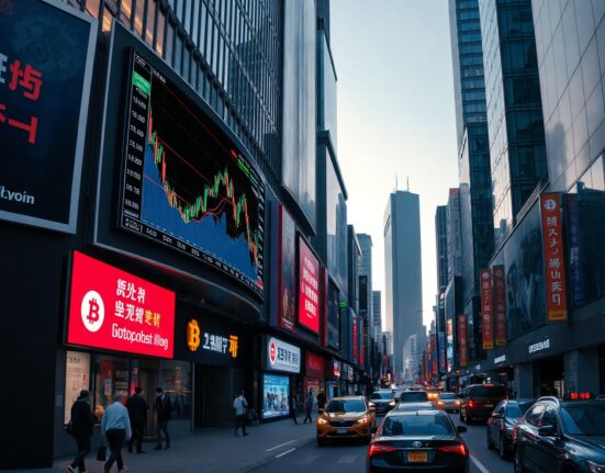 Seoul financial district with digital billboards showing cryptocurrency price charts at dusk