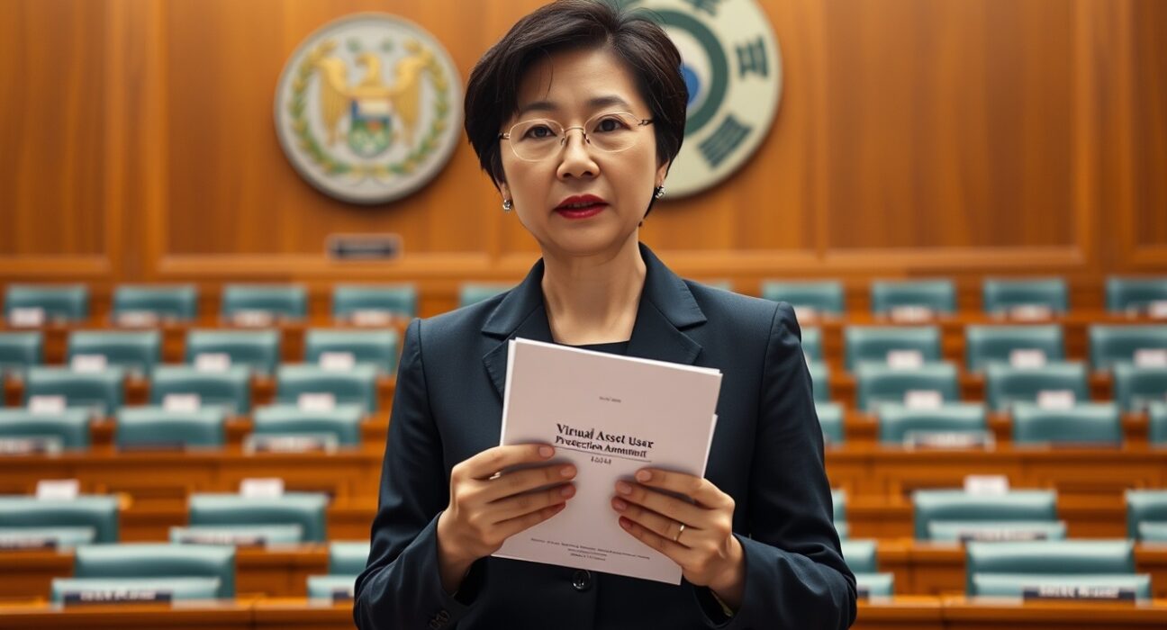 South Korean lawmaker Baek Seon-hee at a podium proposing a cryptocurrency mispayment prevention bill.