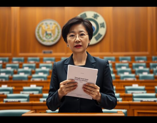 South Korean lawmaker Baek Seon-hee at a podium proposing a cryptocurrency mispayment prevention bill.