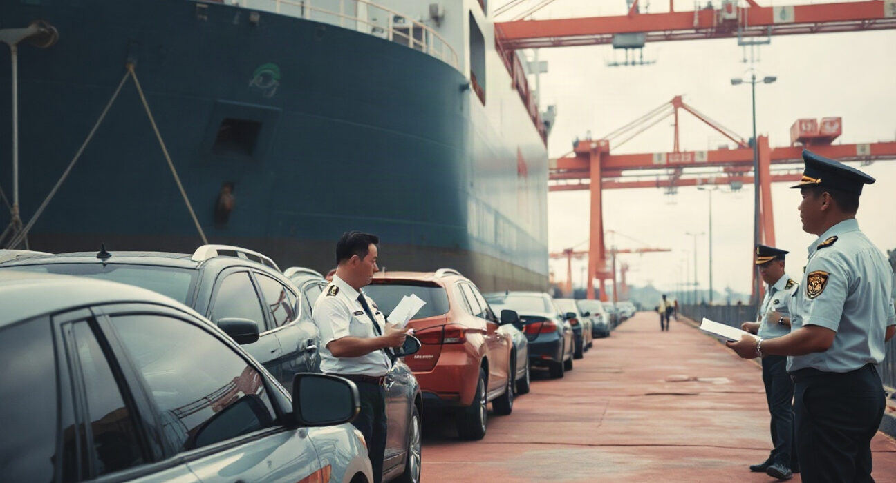 Customs officials inspect used cars at a South Korean port for illegal export investigation