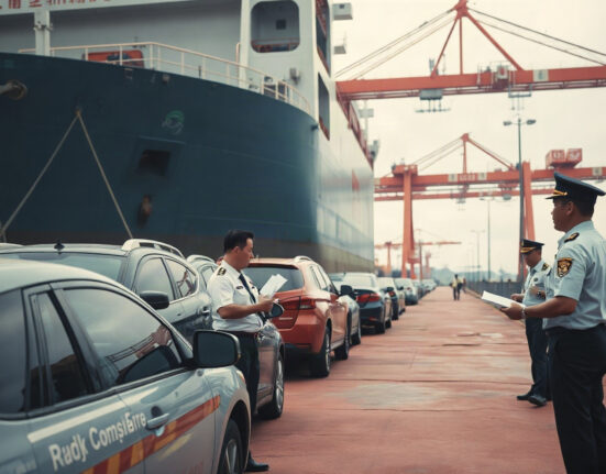 Customs officials inspect used cars at a South Korean port for illegal export investigation